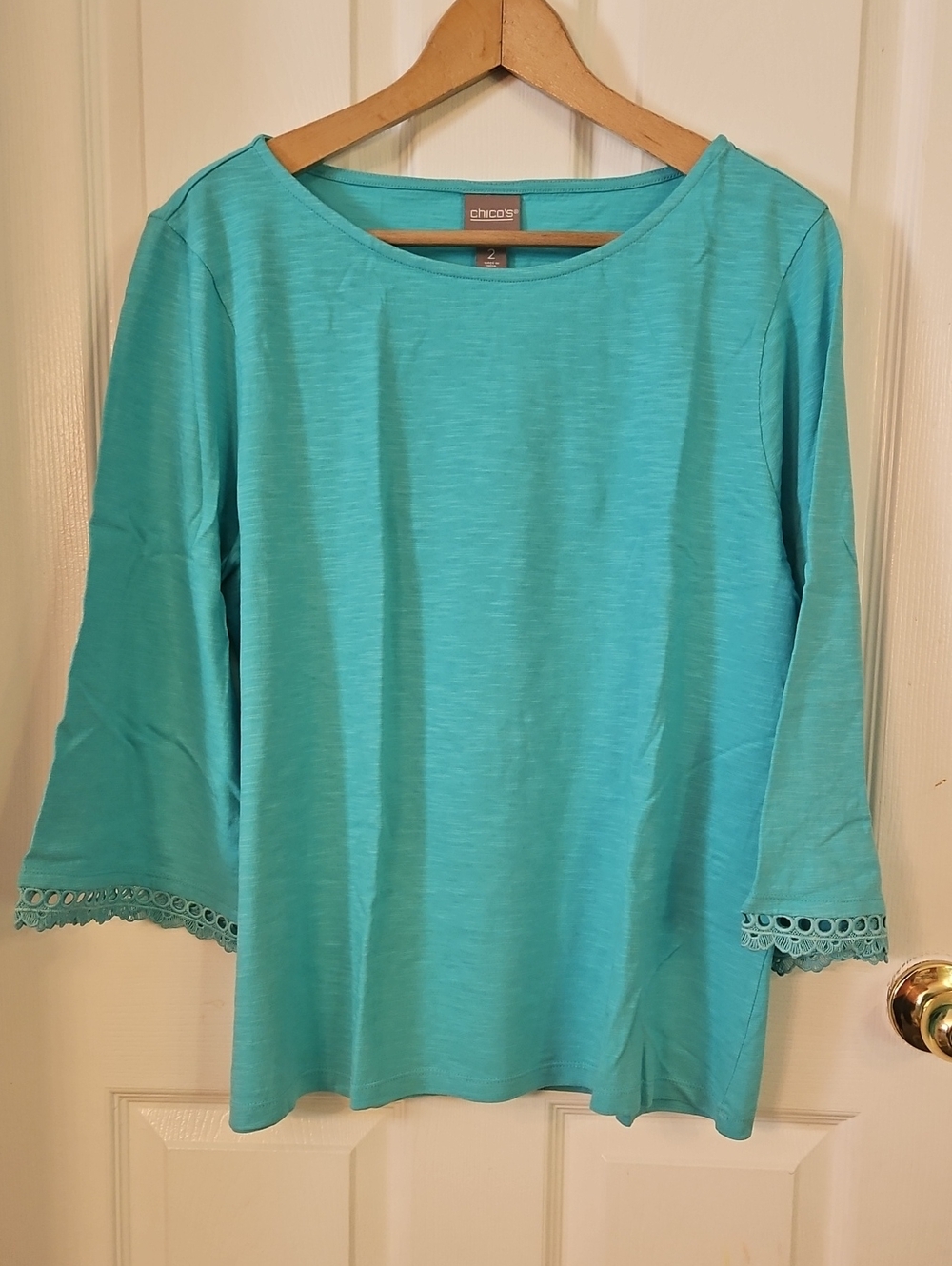 Chico's Aqua Turquoise Crochet-Trim 3/4 Sleeve Top